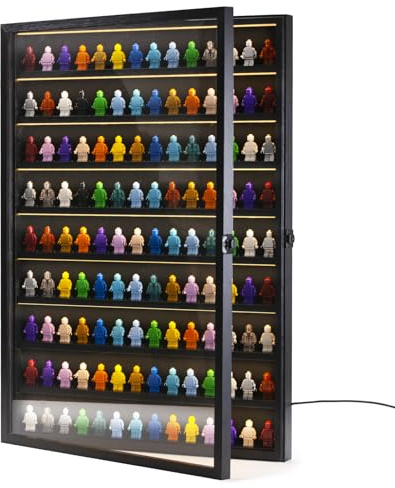 DisplayMore Große Miniatur-Vitrine mit 126 Minifiguren, LED-Bausteine, Spielzeug-Sammlerstücke, Wandhalterung, Figuren-Vitrine mit Acrylgeschützter, klarer, abschließbarer Tür