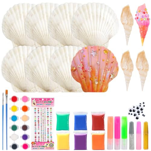 12 Stück Muscheln zum Bemalen Kinder Set Mitgebsel Kindergeburtstag Basteln Geschenke für Mädchen ab 5 6 7 8 9 10 11 12 Jahre Leuchtende Muschelschalen Bastelset Jakobsmuscheln Deko DIY Kunsthandwerk