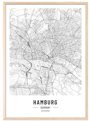JUNOMI® Hamburg Poster DIN A4 mit Rahmen Natur, DIN A4 Wohnzimmer Deko, Modernes Wandbild, Hamburg Bild, Wandbild mit Rahmen, Stadtplan Poster Hamburg, perfekte Geschenkidee für Hamburger