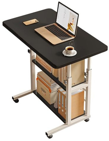 Warmiehomy Adjustable Height Office Desk with Wheels, C Shaped Laptop Table with 2 Shelves, Overbed Bedside Table for Living Room, Bedroom, 60x37x60-90cm, Black