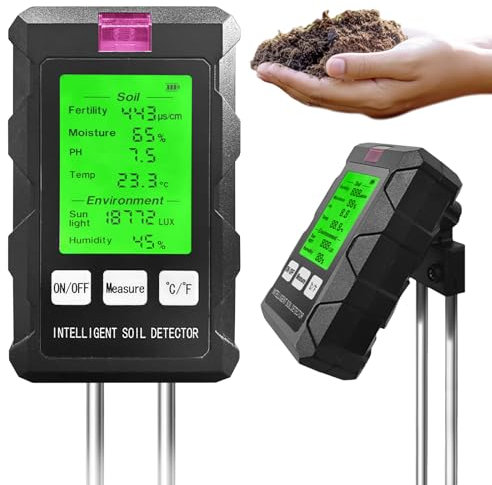 Boden Feuchtigkeitsmessgerät für Pflanzen, 6 in 1 Digital Bodentester Messgerät mit PH/Feuchtigkeit/Licht/Temperatur, feuchtigkeitsmesser für Rasen, Erde Garten, Landwirtschaft und Außen Pflanzen