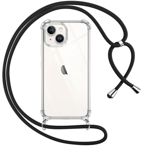 Pnakqil Coque pour iPhone 13 Mini avec Cordon, Transparente Silicone Housse avec Réglable de Collier Anti-Chute Etui pour iPhone 13mini, Ètuis à Bandoulière 5.4, Noir