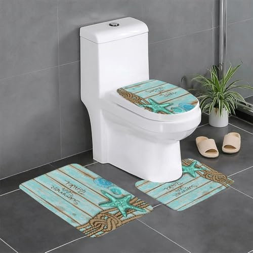 KGDHY Badezimmermatten-Sets 3-Teilig,Seestern Dekor, Sommer Meer Reise Retro Bretter Schiff Deck Seil Jakobsmuscheln dekorat,Bad und WC-Vorleger-Set,rutschfeste Badezimmerteppiche wasserabsorbierende