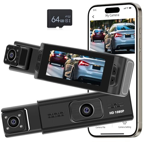 NHOPEEW Dash CAM de 3 Canales - Dashcam Frontal y Trasera de 360° con Pantalla de 3,16 Pulgadas - WiFi/Grabación en Bucle/Compensación de exposición/Detección de Movimiento