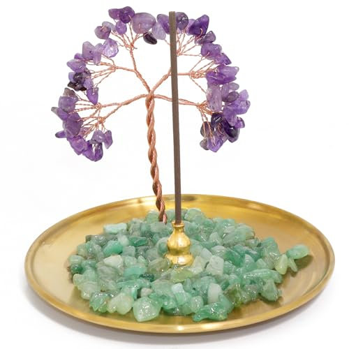 BEYLAB Ametista Portaincenso Bastoncino Soprammobile con Albero della Vita in Chakra Pietre, Bruciatore Incenso Ceneri con, Ornamento Decorativo Interni Casa Reiki Guarigione 14 cm