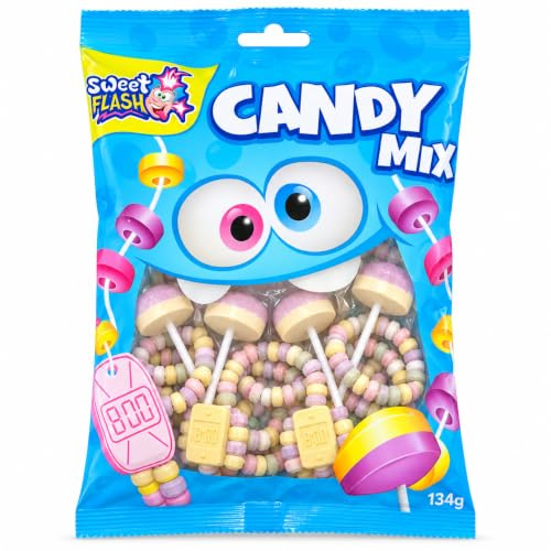 Retro Nasch Mix Tüte 134g - Candy Mix Bag mit 4 Lutschern, 2 Süße Uhren & 3 Zuckerperlen-Ketten - Einzeln verpackte Süßigkeiten - Kindheitserinnerungen - bunte Partymischung