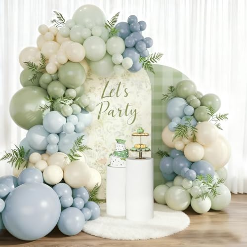 Salbeigrün Blau Luftballons Girlande Kit, 110 Stück Staubig Blau Grün Luftballon Girlande Set Mit Weißer Sand Luftballon für Geburtstagsparty, Babyparty, Brautparty, Hochzeit, Verlobung Deko