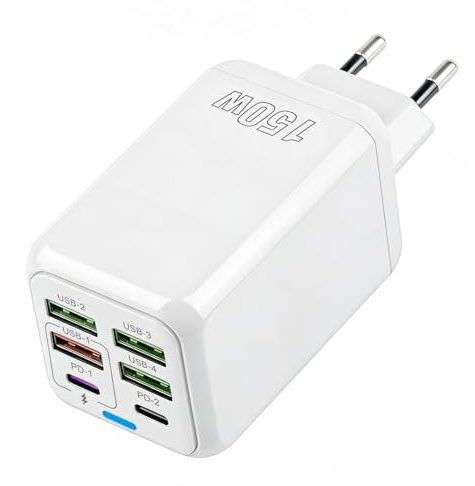 Cargador USB C 150W 6 Puertos con PD y QC3.0 Estación de Carga Rápida | Cargador multipuerto con 2 USB-C PD y 4 USB-A QC3.0, diseño compacto y seguro para iPhone, smartphones y más dispositivos