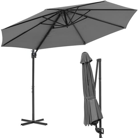 ISOISL Parasol déporté de 300 cm de diamètre avec pied en croix – Parasol à manivelle inclinable à 360 ° avec protection UV 50+ – Parasol stable pour jardin, terrasse et balcon, gris, Mit LED