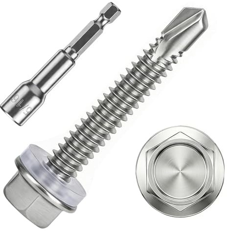 ZKAILCF Vis Autoforeuse Metal Inox 410 Vis Autoperforante 4.8x32mm 100Stk avec Rondelles D'étanchéité EPDM Fixation étanche et 1 Douilles Hexagonale pour Metal Bac Acier Bois Tôle Placo Toiture