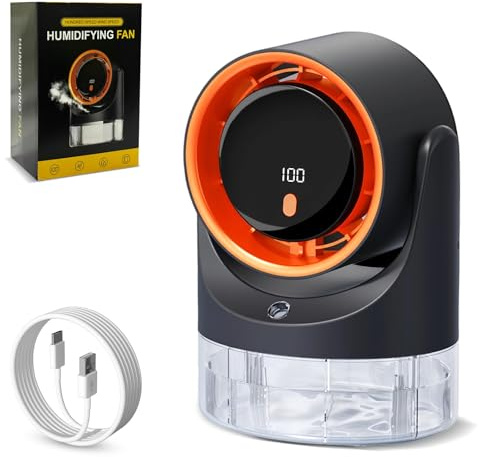 Ventilatore da Tavolo e Umidificatore 2 in 1, Ventilatore da Tavolo Silenzioso con Serbatoio Dell'acqua da 450 ml, Ventilatore Umidificatore da Tavolo Ricaricabile,Regolabile a 90°, 3/6/9H Timer