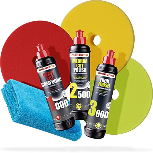 Detailmate Menzerna Autopolitur Set: 1000er + 2500er + 3000er Körnung, 250ml + passende Polier Pads: Soft + Medium + Heavy 150 mm / 6.0 + flauschiges Mikrofaser Poliertuch 40x40 cm, 450 GSM