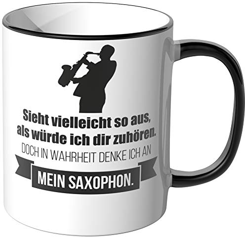 JUNIWORDS Tasse - Ich denke an Saxophon - Wähle Motiv & Farbe - Schwarz