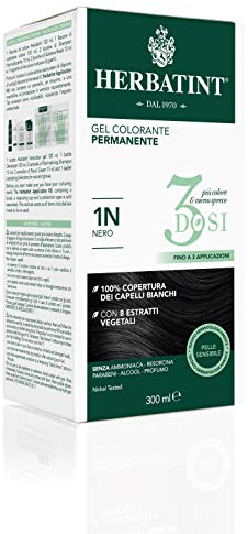 Herbatint Gel colorante permanente 3 dosis, 300 ml – 1N negro, sin amoniaco, para pieles sensibles, 100% cobertura de cabellos blancos, con 8 extractos naturales biológicos