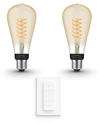 Philips Hue Vorteilspaket - E27 - mit 2 Filament Edison Glühbirnen Groß (ST72) - Warmweißes Licht - inkl. 1 Hue Dimmschalter - Hue White Filament