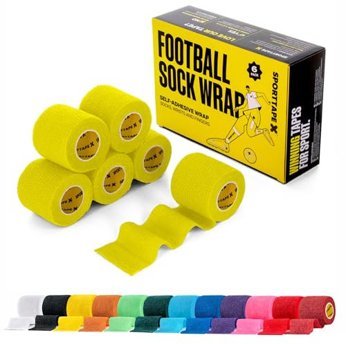 SPORTTAPE 6 Rolls Football Sock Tape, 5cm x 4.5m, Yellow - Self-Adhesive Cohesive Bandage, Compression Wrap & Sports Stretch Tape for Ankles, Joints, Socks, Vet, Pet Wrap for Dogs and Horses