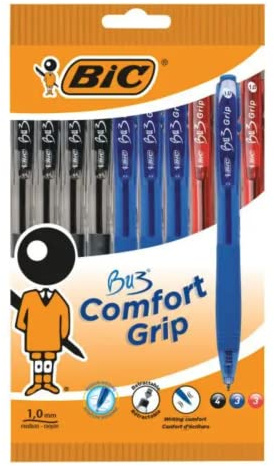 BIC BU3 Comfort Grip - Retractable Ball Pens - 4 Black, 3 Blue, 3 Red