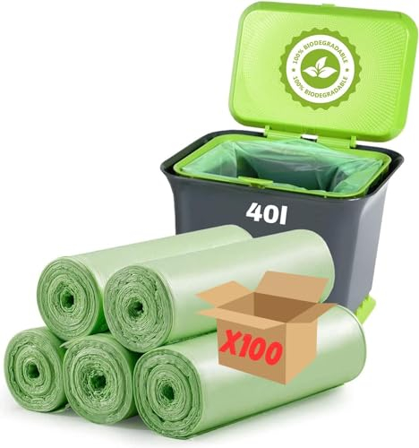 Sac Poubelle 40L Compostable Biodégradable | Lot de 100 Sacs OK Compost | Déchets Alimentaires (Fruits Légumes) | Base Végétale 100% Amidon de Maïs | Norme Européenne 13432 (40L)