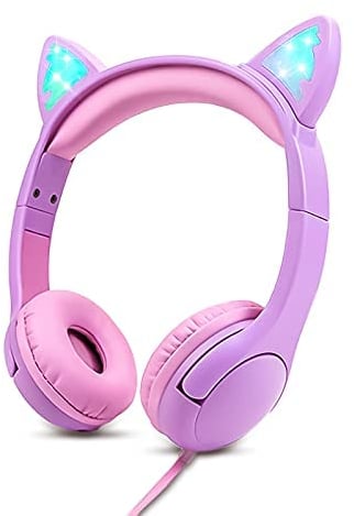 Olyre Kinder Kopfhörer Mädchen, sichere 85 dB Lautstärkeregler, leuchtende Katzenohr-Kopfhörer für Fire Tablet Kindle, On-Ear-LED-Kopfhörer für Kinder für Schule, Lernen, Reisen – Violett/Rosa