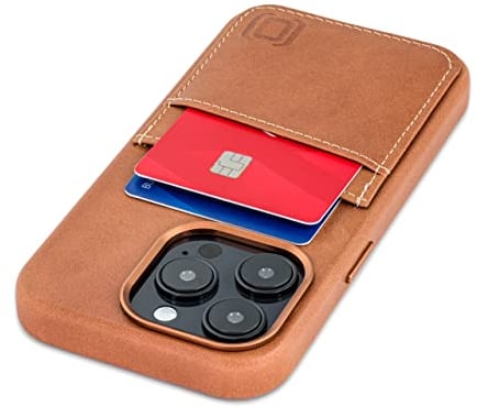 Dockem Genuine Leather Card Case for iPhone 14 Pro with Built-in Metal Plate for Magnetic Mounting, Stitched-on Wallet with 2 Holder Slots (Light Brown, M2GL)