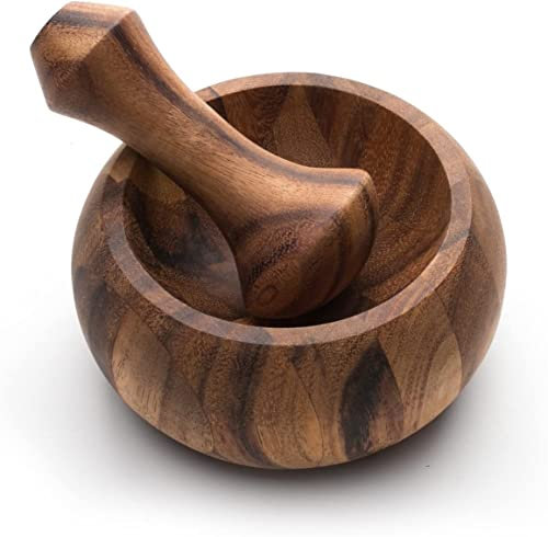 IBLAY Mortar and Pestle, Acacia Wood Herb Spice Masher Mortar,Pestle Grinder/Chopper for Herbs, for Garlic Press, Coffee Grinder, Ginger Crusher, Spice Grinding, Spices and Kitchen Usage