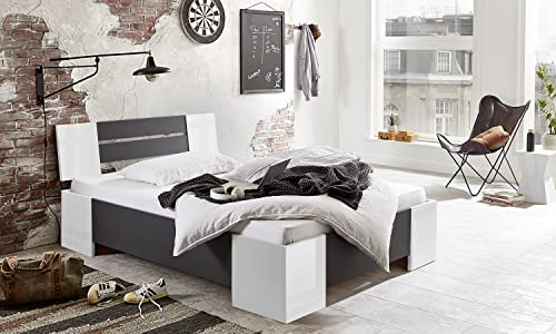 BMG Möbel Futonbett Graz in Weiß/Anthrazit Holzbett Doppelbett 140x200 cm Made in Germany (Mit Rollrost)