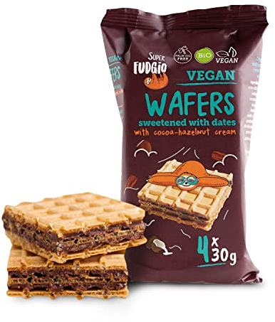 SUPER FUDGiO BIO Waffeln mit Kakao- und Haselnusscreme | Gesüßt mit Datteln statt Zucker | ohne Palmöl | Veganer Snack 4x30g (120g)