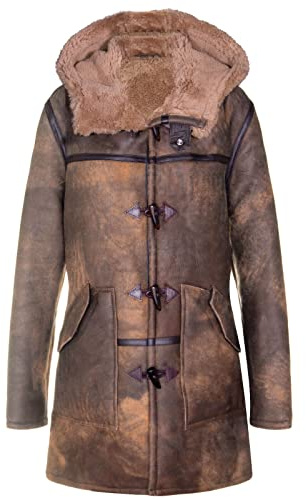 Men's Antique Brown Sheepskin Leather Duffle Coat New Winter Real Shearling L