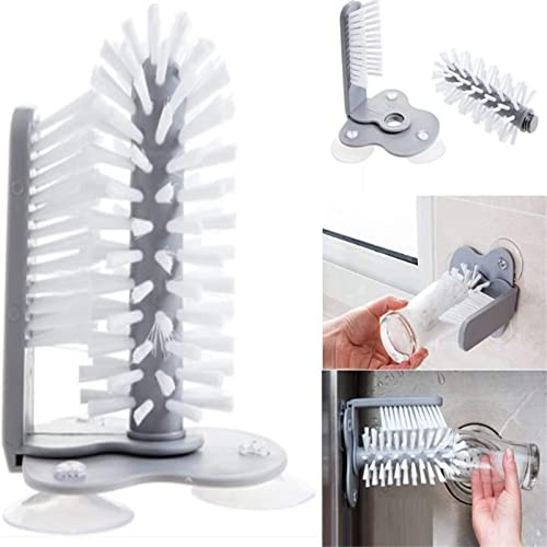 Glass Brush, Water Bottle Cleaning Brush Glass Cup Washer with Suction Base Bristle Brush for Beer Cup, Long Leg Cup, Red Wine Glass and More Bar Kitchen Sink Home Tools Grey