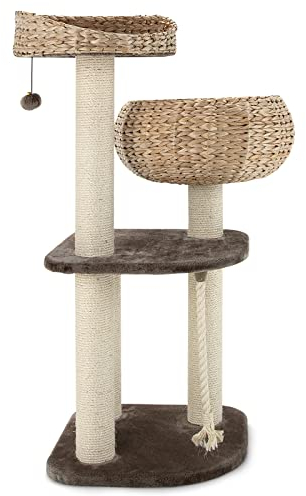 GYMAX Kratzbaum 104 cm hoch, Mehrstöckiger Katzenbaum Kletterbaum für Katzen Stabiler Katzenkratzbaum Dunkelbraun