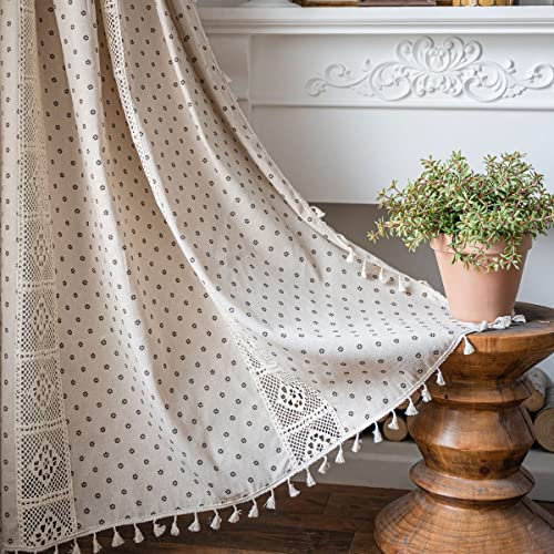 Boho Vorhänge Beige Baumwolle Leinen Gardinen Landhausstil Stickerei Halbtransparente Leinenoptik Blumen Gardinen mit Quaste Verdunkelungvorhang für Wohnzimmer Schlafzimmer,2er Set,(B) 150x240cm(H)