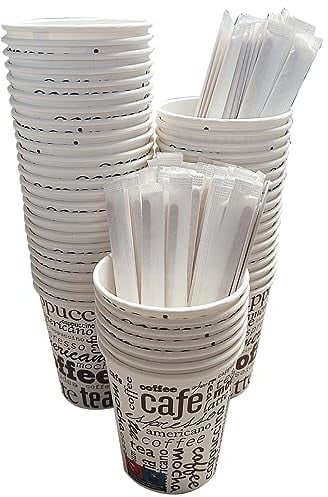100 Vasos Desechables Café de Papel Cartón de 240 ml, Vasos Resistentes y Elegantes para Bebidas Calientes o Frías, Perfectos para Oficina y Hogar. Incluyen 100 Paletinas de Madera