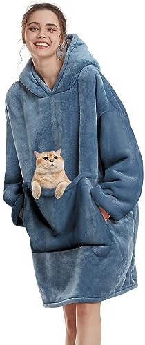 Decke Hoodie Sweatshirt Oversized,Plüsch Flauschig Kuscheldecke mit Tasche,Einheitsgröße Sherpa Kapuzenpullover für Damen Herren,Flanell Fleece TV-Decke mit Ärmel,Tragbar Ganzkörperdecke,Blau