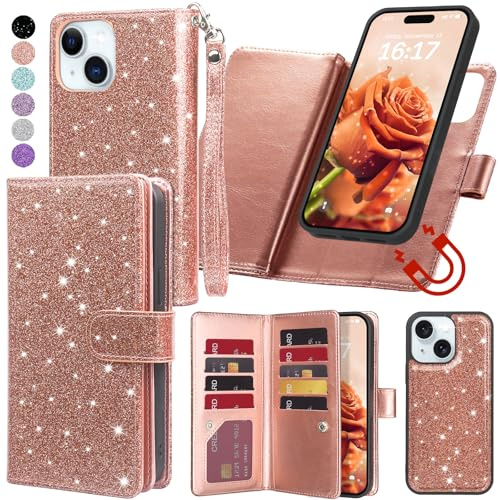 Varikke for iPhone 15 Wallet Case Detachable with 9-Card Holder for Women, Fashion Glitter PU Leather Wrist Strap Strong Magnetic Flip Wallet Removable Phone Case Cover for iPhone 15 6.1, Rose Gold
