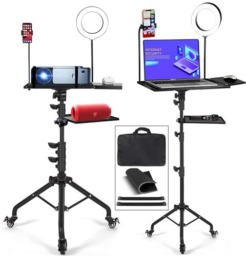 Asltoy Multifunctional Projector Tripod Stand with Wheels, Adjustable Height, Laptop Stand, Phone Holder, Mouse Tray, Storage Tray, LED Ring Light, Metal, Black
