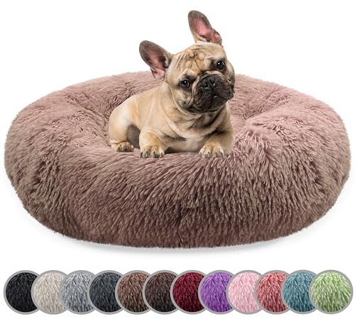 bluzelle Hundebett für Mittelgroße Hunde, 70cm Hundekissen Rund Donut Kissen Hundekorb Flauschig Plüsch, Ergonomisch Bezug Waschbar rutschfest Weich Kunstfell, Farbe:Khaki
