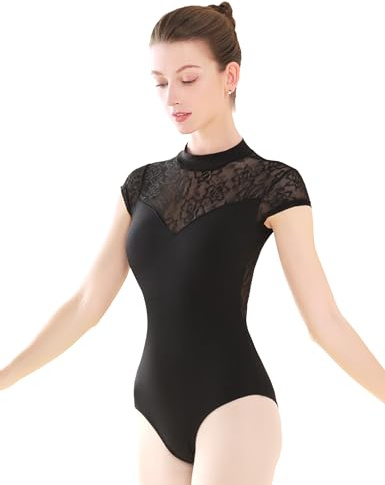 Phoeswan Body da balletto da donna, body nero a collo alto in pizzo Splice Body da danza per le donne, Dolcevita in pizzo nero, Medium