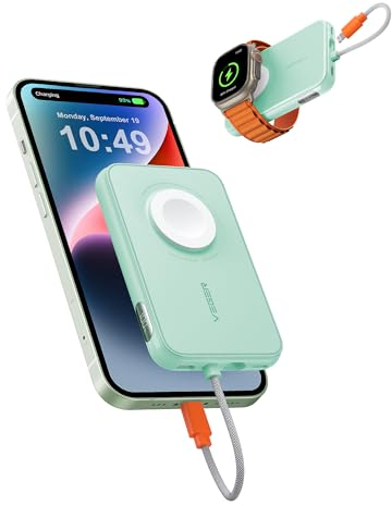 VEGER Mini Power Bank 20W PD, 5000mAh Powerbank mit Eingebautem Apple Kabel, mit Apple Watch Laden, 1x USB-C, Externer Handyakkus LED Display kompatibel mit iPhone, Apple Watch(9-1), Handys usw(Grün)