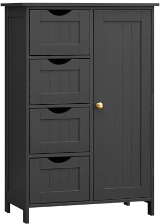 VASAGLE Badezimmerschrank, schmaler Badschrank, Beistellschrank, Kommode, mit 4 Schubladen, Schranktür, verstellbare Ablage, 30 x 55 x 82 cm, tintenschwarz LHC041B02