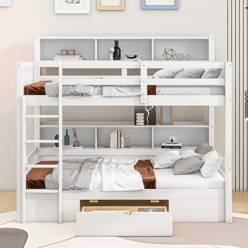 Dolamaní Etagenbetten 90x200cm mit Schubladen, Hochbett mit Leiter & Staufächern, Einzelbetten mit Bücherregal für Kinder, Kinderbetten mit Sicherheitsschienen (Weiß)