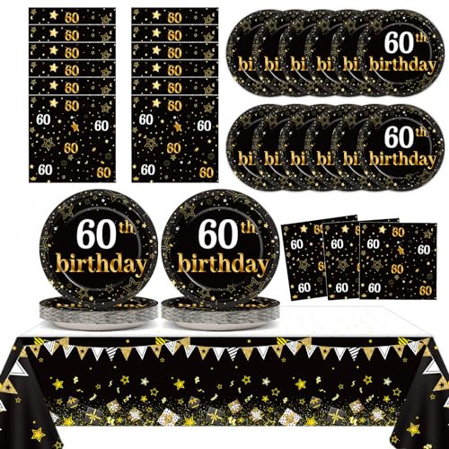 60th Birthday Party Supplies Serves 24 Black and Gold 60 Years Old Birthday Party Decorations Paper Plates Napkins Cheers to 60 Years Favors Tablecloth Set Vintage 1964 Tableware Kit for Men Birthday