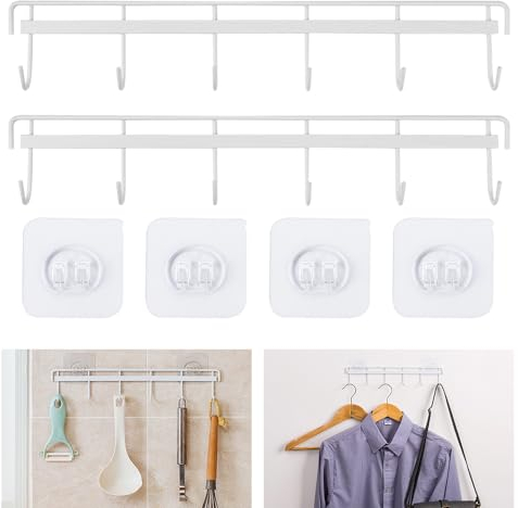 YAANBUNB 2 Pcs Kitchen Utensil Hangers, Space Saving Wall Utensil Holder No Drilling Hanger with 6 Hooks Kitchen Adhesive Wall Hooks Rack Rail Multipurpose Hanging Rod for Kitchen Bathroom,White