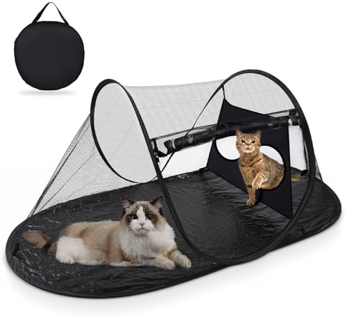Tailtastic Outdoor Cat Tent with Removable Interactive Fabric,Outdoor Cat Enclosures for Indoor Cats, Portable Pet Playpen Ideal for Hiking, Traveling, and Sunbathing-Black