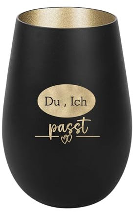 Der-Porzellan-Laden Windlicht mit Gravur Du Ich passt, Schwarz Gold, Teelichthalter aus Glas mit Spruch, Tischdeko modern
