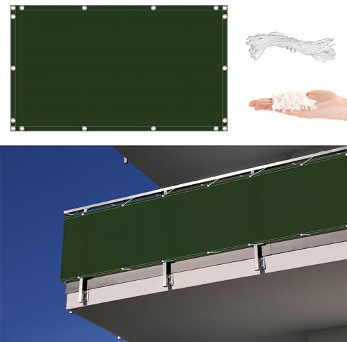 AYLFBFU Sichtschutz Balkon 75x650cm 165 g/m² Blockade UV Schutz Windschutz, Sichtschutz für Balkon Terrasse für Balkongeländer, Terrasse & Garten, Ohne Bohren, mit Montagezubehör, Dunkelgrün