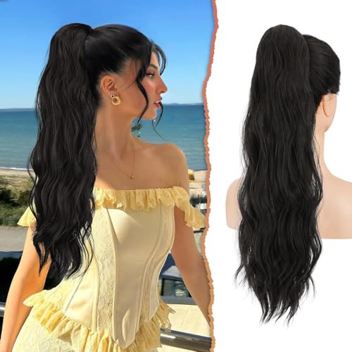 Sofeiyan Pferdeschwanz Haarteil Mit Kordelzug, 56 cm Lang Gewellt Zopf Haarverlängerung Synthetik Natürliches Kordelzug Verlängerung für Frauen, Natürliches Schwarz