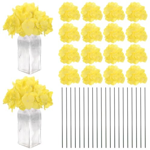 M METERXITY 40 Pcs Fleurs d'Hortensia en Soie, Têtes de Fleurs Artificielles avec 40Pcs Tiges, Fleurs d'Hortensia Complètes pour Décoration Intérieure/Mariage/Noël/Fête [Jaune Vif]