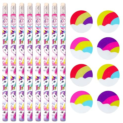 PartyPack Einhorn Kinder Bleistifte und Radiergummi Set - 16 Stück - 8 Holzbleistifte und 8 Radiergummis, für Jungen und Mädchen.