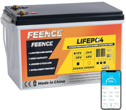 FEENCE Batteria LiFePO4 300 Ah 12 V, batteria al litio 3840 Wh con BMS 200 A, max. 15000 cicli, perfetta sostituzione per camper, impianto solare, barca, kit pannello solare, campeggio