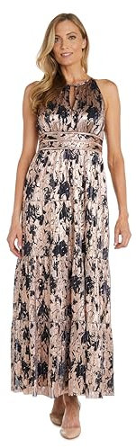 R&M Richards Women's Noir Bloom Pleated Maxi Dress, Navy/Rose/Gold, 22